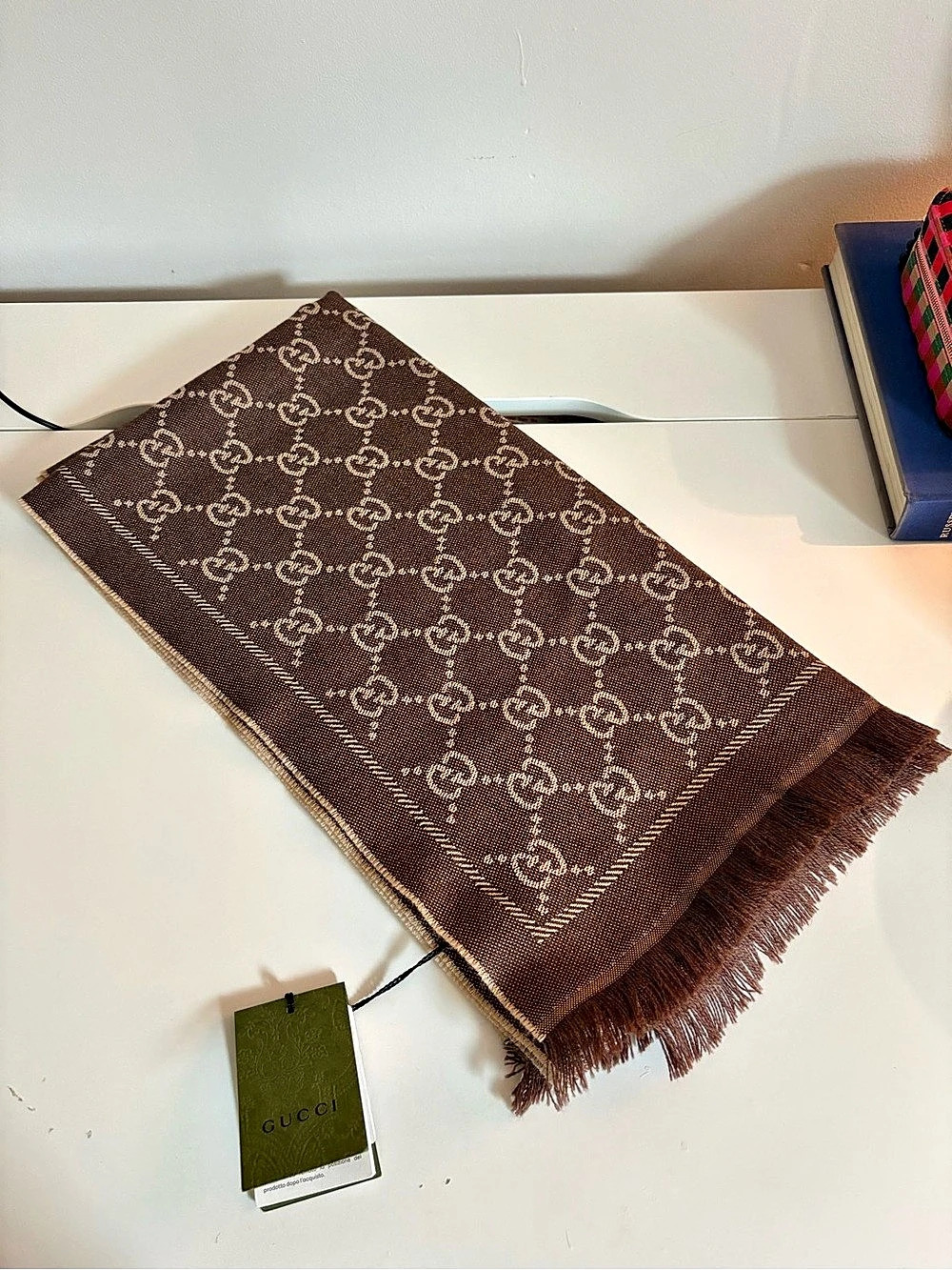 GUCCI GG Jacquard Scarf Wool & Mulberry Silk Reversible Brown & Tan NEW